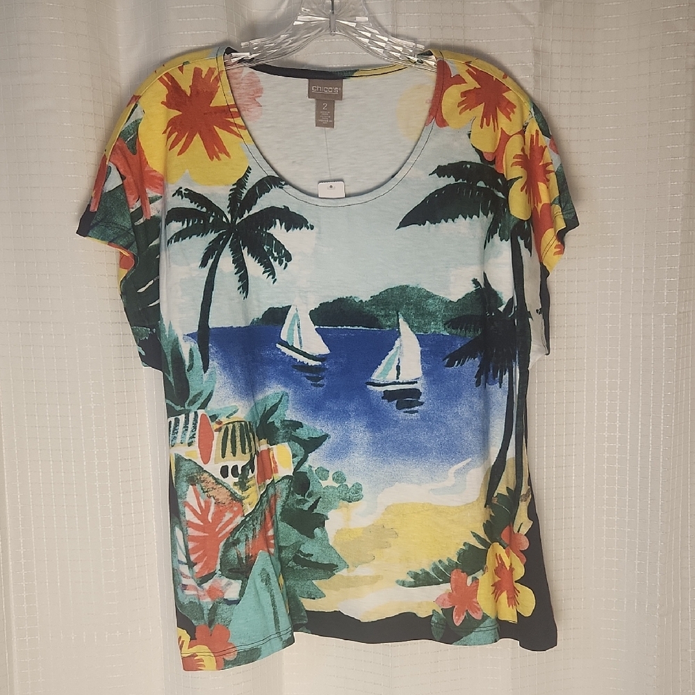 Chicos Sz 2 Beach Themed Casual Top New With Tag!
